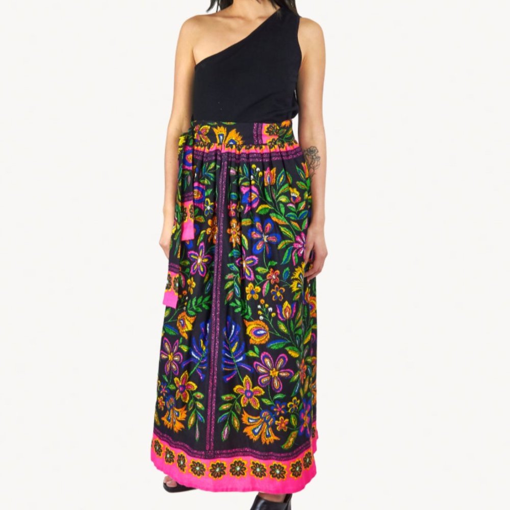 Ellen Tracy Wrap Floral Maxi Skirt Neon Lace Trim Pink Black Party Festive